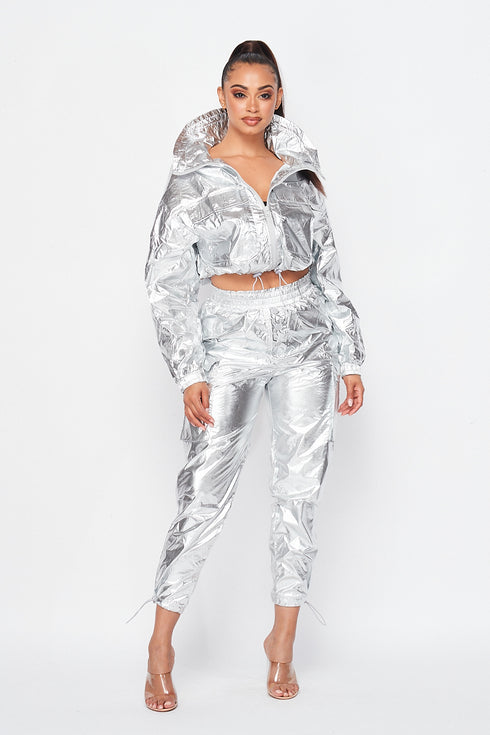Metallic Pullover Tracksuit Pants Set - Silver - SohoGirl.com